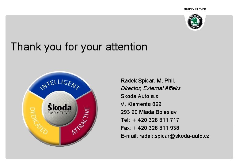 SIMPLY CLEVER Thank you for your attention Radek Spicar, M. Phil. Director, External Affairs