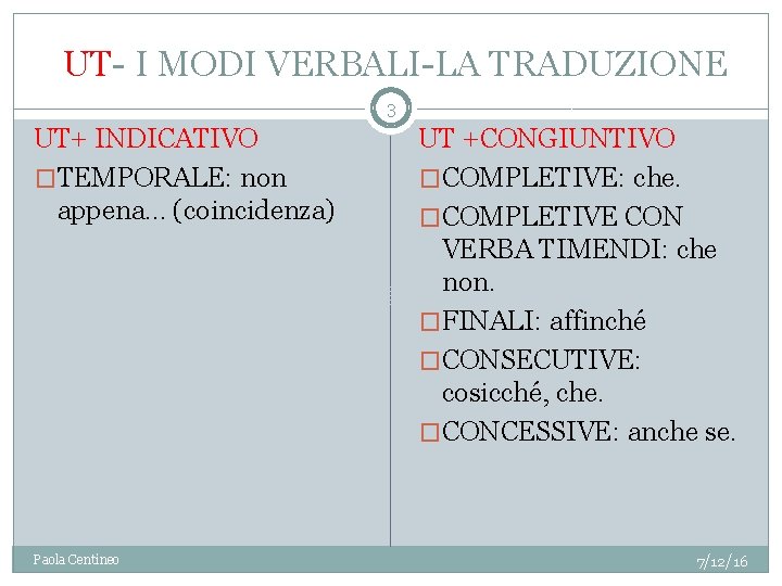 UT- I MODI VERBALI-LA TRADUZIONE 3 UT+ INDICATIVO �TEMPORALE: non appena… (coincidenza) Paola Centineo