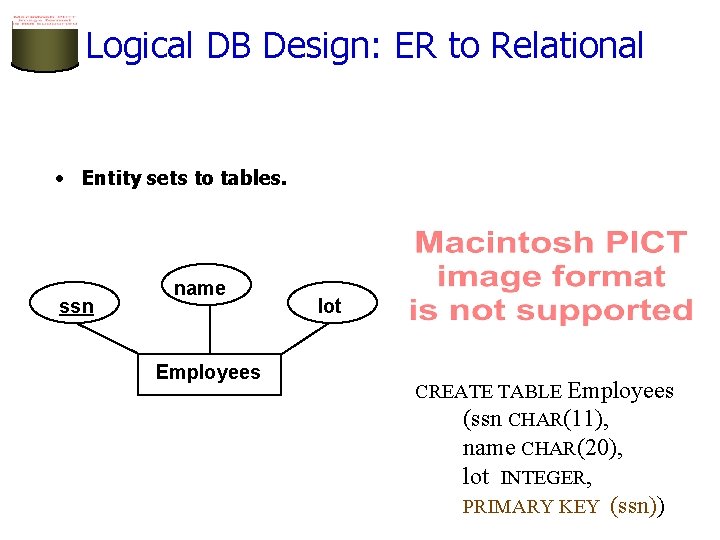 Logical DB Design: ER to Relational • Entity sets to tables. ssn name Employees Logical DB Design: ER to Relational • Entity sets to tables. ssn name Employees