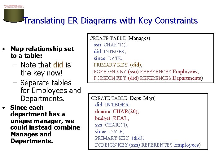 Translating ER Diagrams with Key Constraints • Map relationship set to a table: – Translating ER Diagrams with Key Constraints • Map relationship set to a table: –
