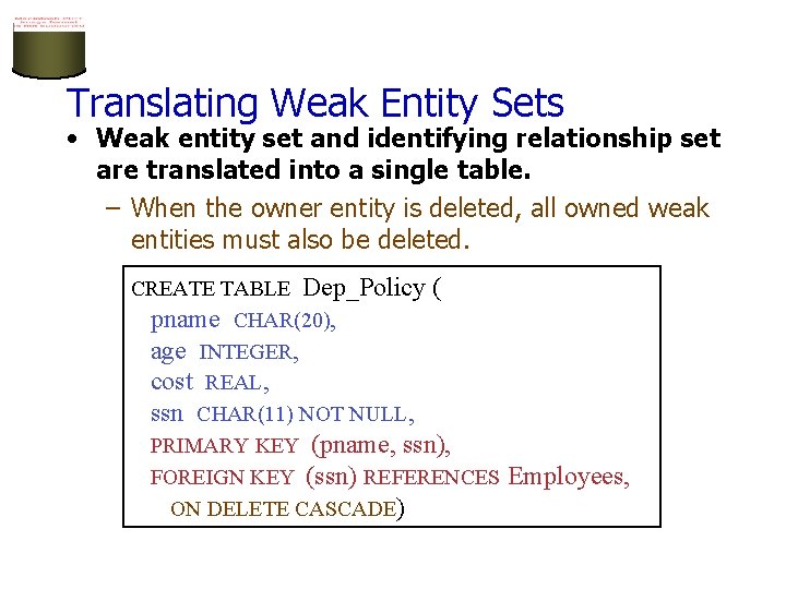 Translating Weak Entity Sets • Weak entity set and identifying relationship set are translated Translating Weak Entity Sets • Weak entity set and identifying relationship set are translated