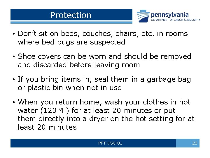 Protection • Don’t sit on beds, couches, chairs, etc. in rooms where bed bugs