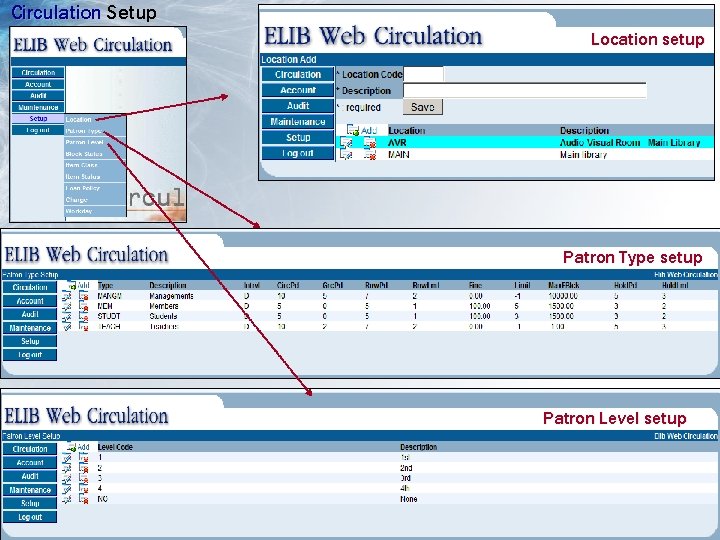 Circulation Setup Location setup Patron Type setup Patron Level setup 