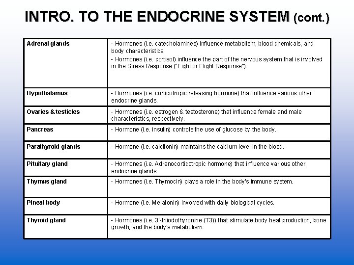 INTRO. TO THE ENDOCRINE SYSTEM (cont. ) Adrenal glands - Hormones (i. e. catecholamines)
