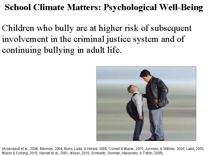 School Climate Matters: Psychological Well-Being Children who bully are at higher risk of subsequent