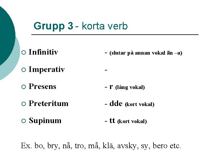 Grupp 3 - korta verb ¡ Infinitiv - (slutar på annan vokal än –a)