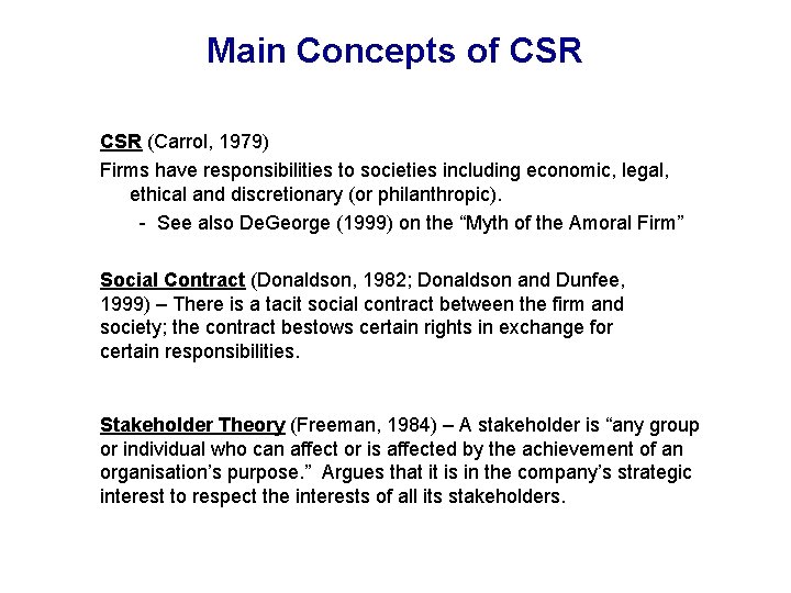 Main Concepts of CSR (Carrol, 1979) Firms have responsibilities to societies including economic, legal,