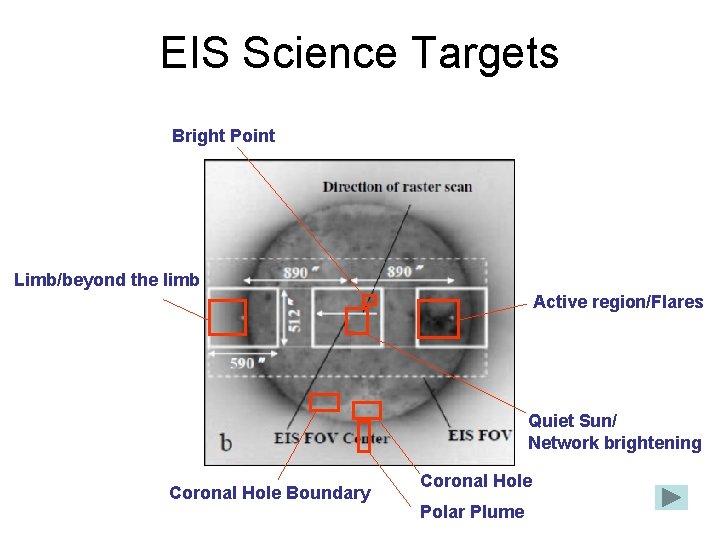 EIS Science Targets Bright Point Limb/beyond the limb Active region/Flares Quiet Sun/ Network brightening