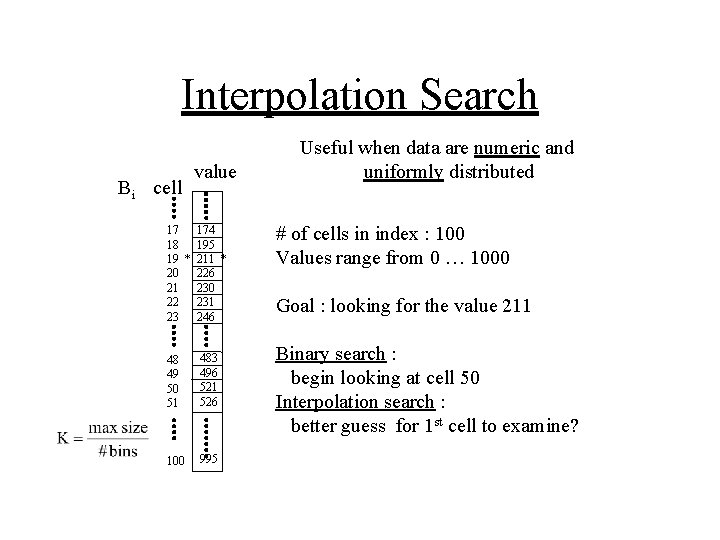 Interpolation Search Bi cell value 17 174 18 195 19 * 211 * 20