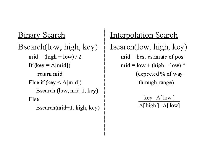 Binary Search Bsearch(low, high, key) mid = (high + low) / 2 If (key