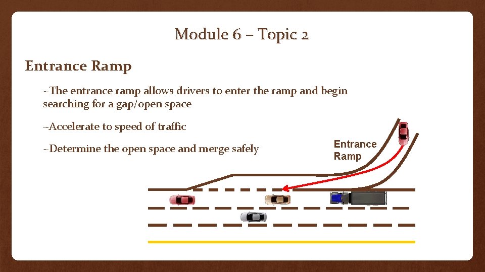 Module 6 – Topic 2 Entrance Ramp ~The entrance ramp allows drivers to enter