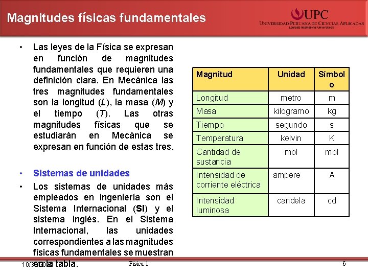 Magnitudes físicas fundamentales • • • Las leyes de la Física se expresan en