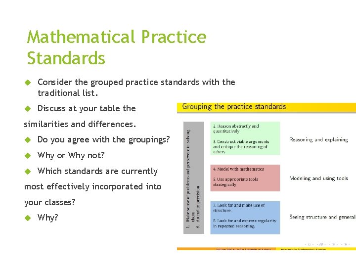 Mathematical Practice Standards Consider the grouped practice standards with the traditional list. Discuss at