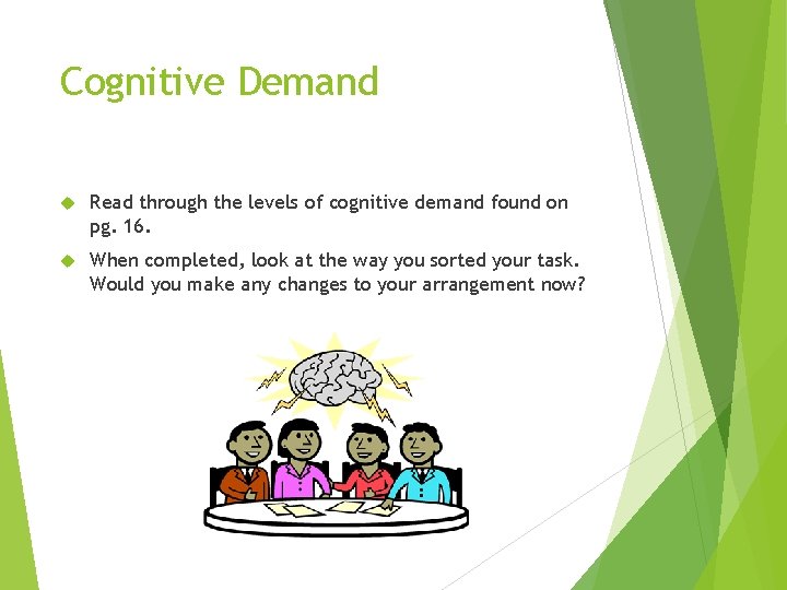 Cognitive Demand Read through the levels of cognitive demand found on pg. 16. When