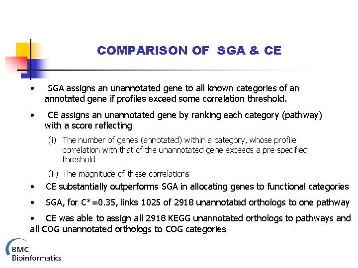 COMPARISON OF SGA & CE • SGA assigns an unannotated gene to all known