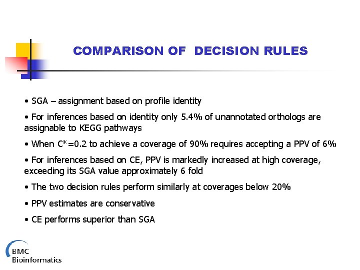 COMPARISON OF DECISION RULES • SGA – assignment based on profile identity • For
