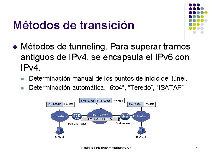 Métodos de transición l Métodos de tunneling. Para superar tramos antiguos de IPv 4,