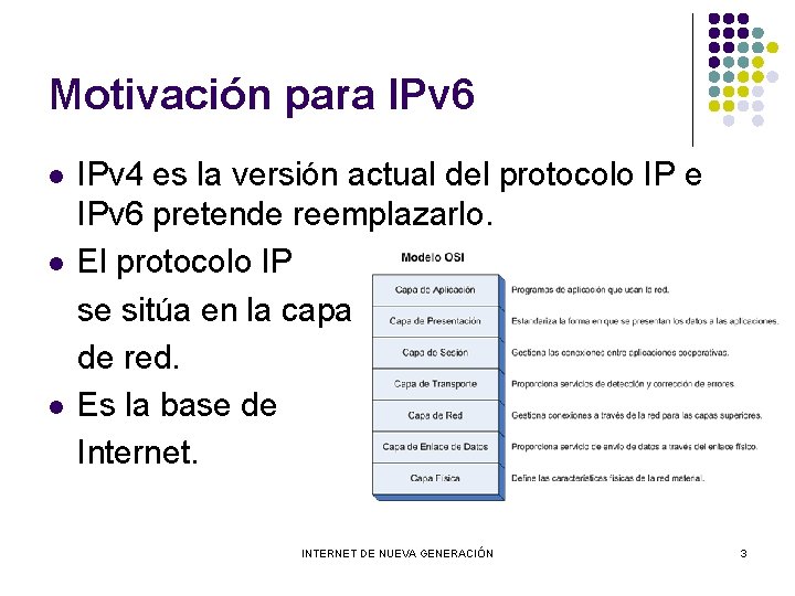 Motivación para IPv 6 l l l IPv 4 es la versión actual del