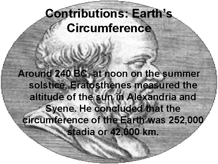 Contributions: Earth’s Circumference Around 240 BC, at noon on the summer solstice, Eratosthenes measured