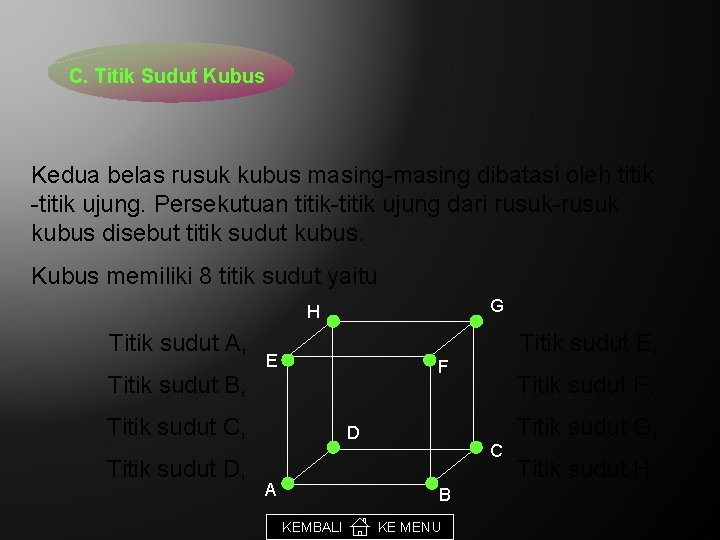 C. Titik Sudut Kubus Kedua belas rusuk kubus masing-masing dibatasi oleh titik -titik ujung.