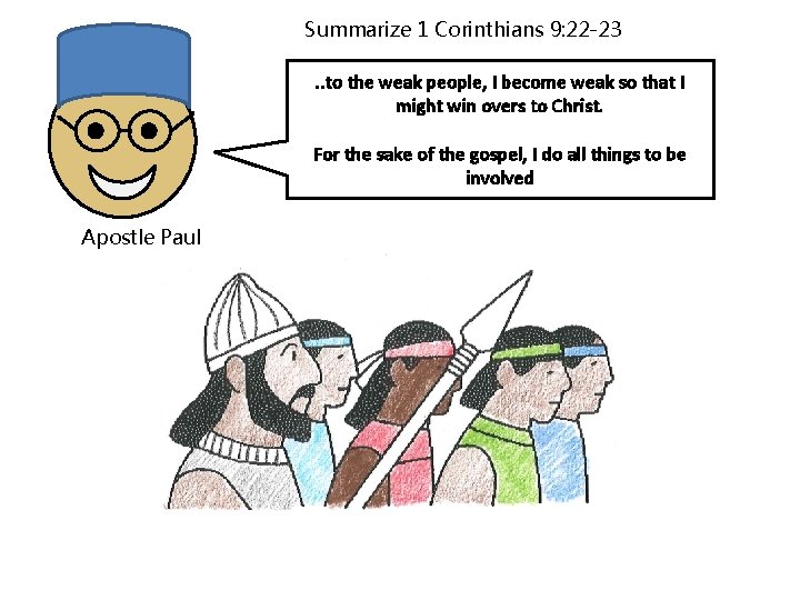 Summarize 1 Corinthians 9: 22 -23. . to the weak people, I become weak