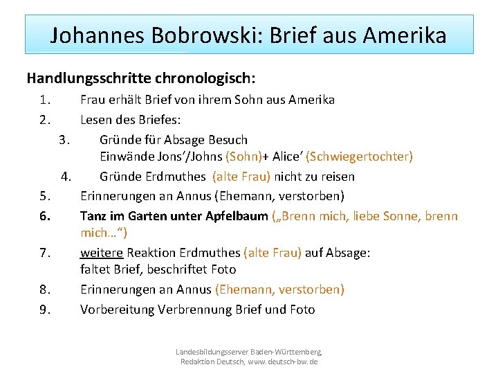 Johannes Bobrowski: Brief aus Amerika Handlungsschritte chronologisch: 1. 2. Frau erhält Brief von ihrem