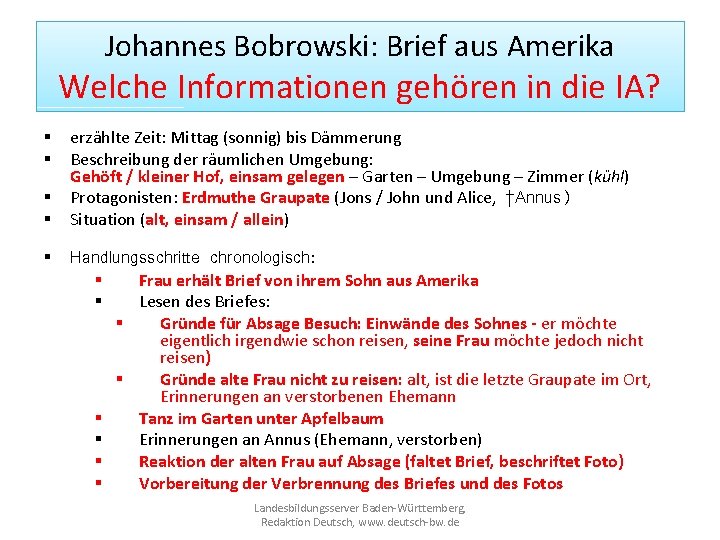 Johannes Bobrowski: Brief aus Amerika Welche Informationen gehören in die IA? § § §