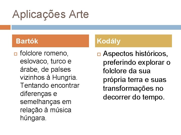 Aplicações Arte Bartók folclore romeno, eslovaco, turco e árabe, de países vizinhos à Hungria.