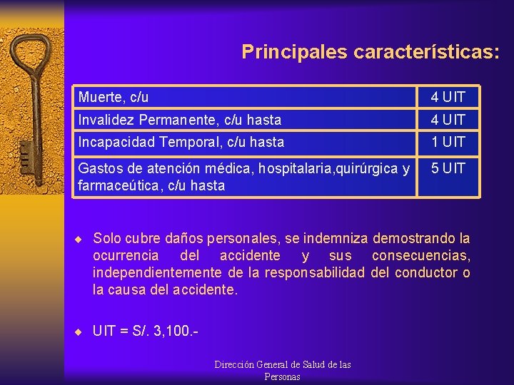 Principales características: Muerte, c/u 4 UIT Invalidez Permanente, c/u hasta 4 UIT Incapacidad Temporal,