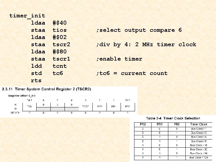 timer_init ldaa staa ldd std rts #$40 tios #$02 tscr 2 #$80 tscr 1