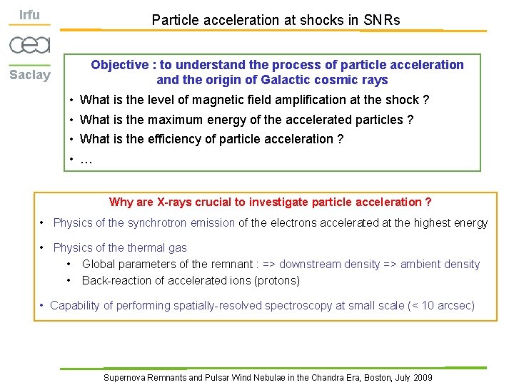 Irfu Particle acceleration at shocks in SNRs Saclay Objective : to understand the process