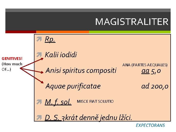 MAGISTRALITER Rp. GENITIVES! (How much OF…) Kalii iodidi ANA (PARTES AEQUALES) Anisi spiritus compositi