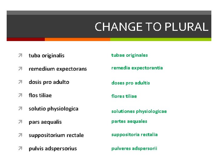 CHANGE TO PLURAL tuba originalis tubae originales remedium expectorans remedia expectorantia dosis pro adulto