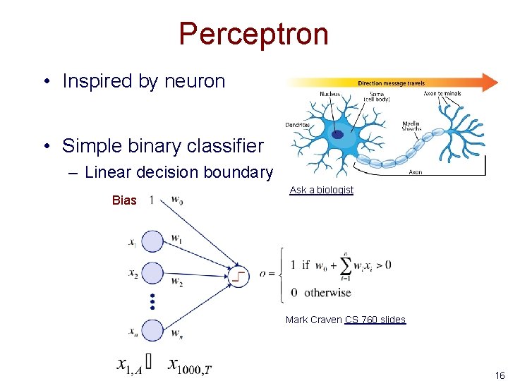 Perceptron • Inspired by neuron • Simple binary classifier – Linear decision boundary Bias