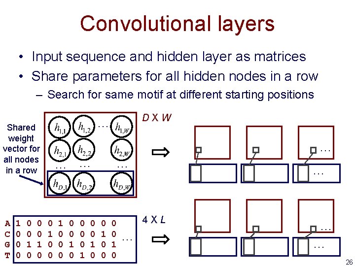 Convolutional layers • Input sequence and hidden layer as matrices • Share parameters for