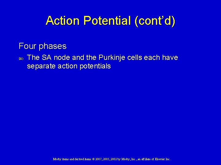 Action Potential (cont’d) Four phases The SA node and the Purkinje cells each have