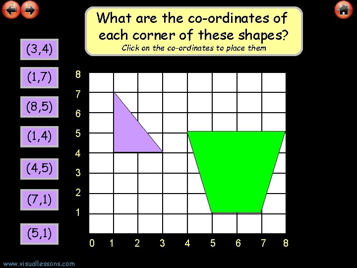 What are the co-ordinates of each corner of these shapes? (3, 4) (1, 7)