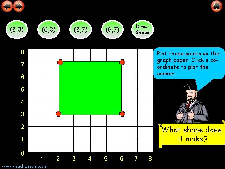 (2, 3) (6, 3) (2, 7) Draw Shape (6, 7) 8 Plot these points