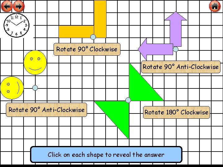 Rotate 90° Clockwise Rotate 90° Anti-Clockwise Rotate 180° Clockwise Click on each shape to