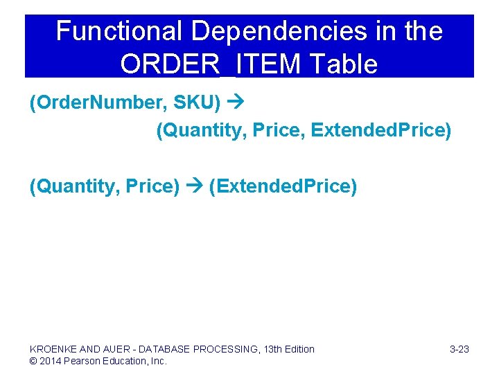 Functional Dependencies in the ORDER_ITEM Table (Order. Number, SKU) (Quantity, Price, Extended. Price) (Quantity,