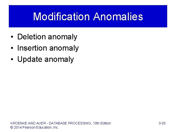 Modification Anomalies • Deletion anomaly • Insertion anomaly • Update anomaly KROENKE AND AUER