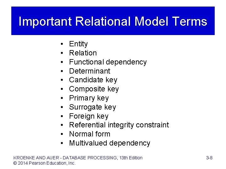 Important Relational Model Terms • • • Entity Relation Functional dependency Determinant Candidate key