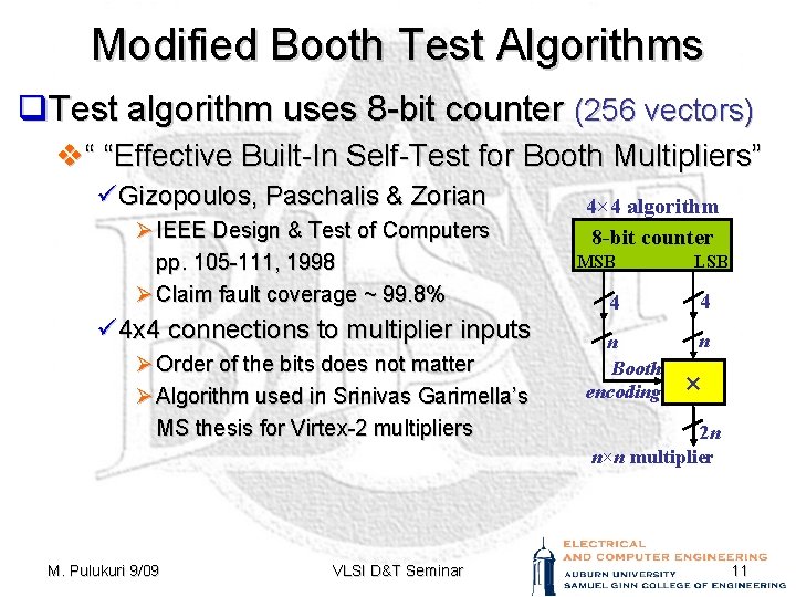 Modified Booth Test Algorithms q. Test algorithm uses 8 -bit counter (256 vectors) v“