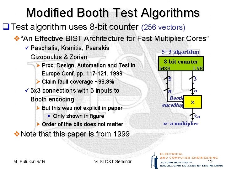 Modified Booth Test Algorithms q Test algorithm uses 8 -bit counter (256 vectors) v“An