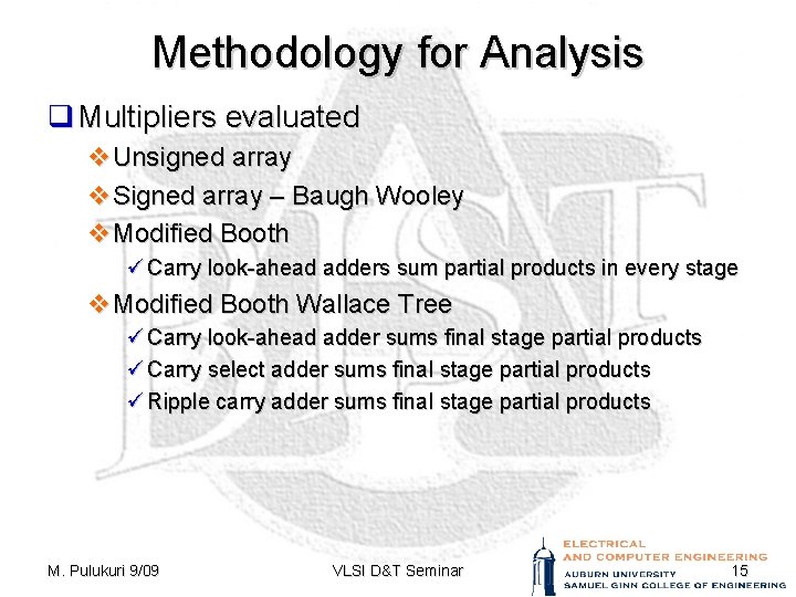 Methodology for Analysis q Multipliers evaluated v. Unsigned array v. Signed array – Baugh