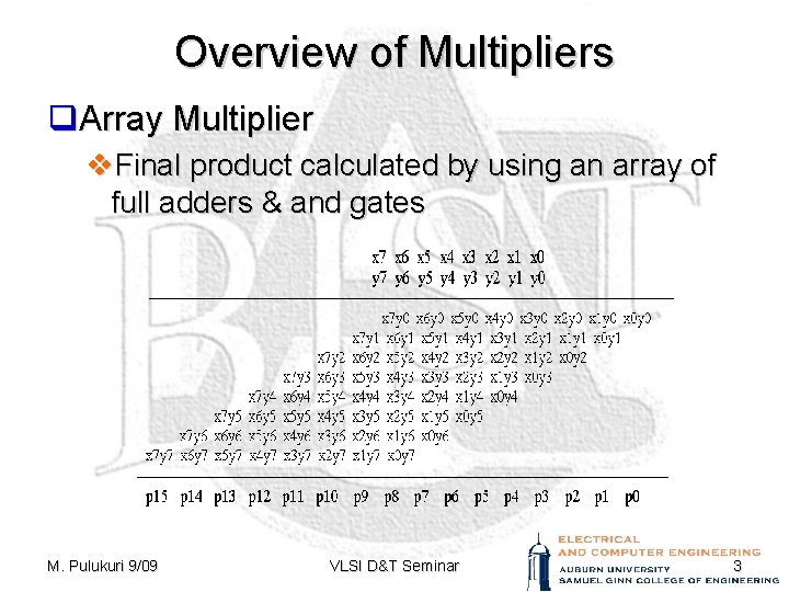 Overview of Multipliers q. Array Multiplier v. Final product calculated by using an array
