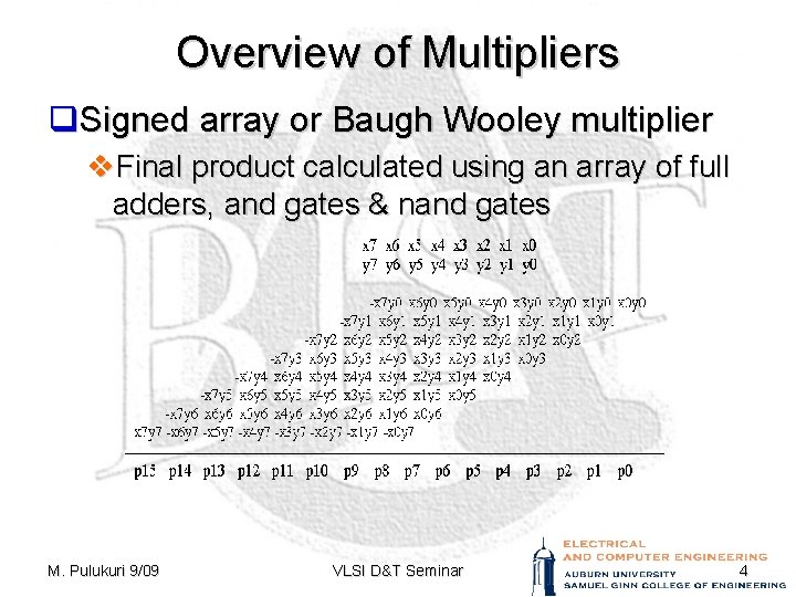 Overview of Multipliers q. Signed array or Baugh Wooley multiplier v. Final product calculated