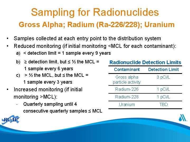 Sampling for Radionuclides Gross Alpha; Radium (Ra-226/228); Uranium • Samples collected at each entry