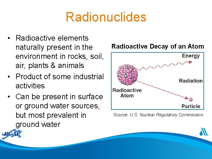 Radionuclides • Radioactive elements Radioactive Decay of an Atom naturally present in the environment