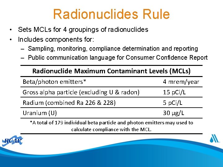 Radionuclides Rule • Sets MCLs for 4 groupings of radionuclides • Includes components for: